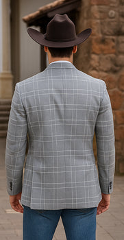 Saco vaquero - Western Sport Coat - Western Blazer - Men's Two Button Regular Fit Light Grey Double Windowpane Plaid Blazer