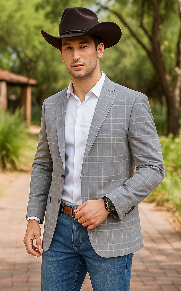 Men’s Light Grey Double Windowpane Plaid Western Blazer, Two Button Regular Fit Saco Vaquero Sport Coat
