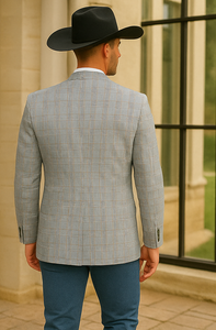 Saco vaquero - Western Sport Coat - Western Blazer- Men's Two Button Regular Fit Sport Coat In Blue & Tan Windowpane Plaid