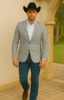 Saco vaquero - Western Sport Coat - Western Blazer- Men's Two Button Regular Fit Sport Coat In Blue & Tan Windowpane Plaid