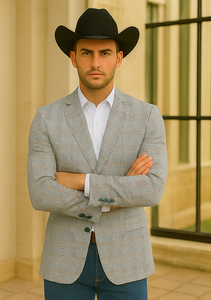 Saco vaquero - Western Sport Coat - Western Blazer- Men's Two Button Regular Fit Sport Coat In Blue & Tan Windowpane Plaid