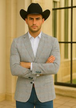 Saco vaquero - Western Sport Coat - Western Blazer- Men's Two Button Regular Fit Sport Coat In Blue & Tan Windowpane Plaid