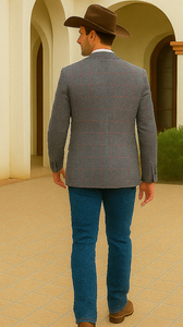 Saco vaquero - Western Sport Coat - Western Blazer- Men's Two Button Regular Fit Sport Coat In Charcoal Grey With Blue & Pink Windowpane Plaid