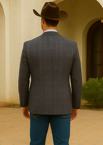 Saco vaquero - Western Sport Coat - Western Blazer- Men's Two Button Regular Fit Sport Coat In Charcoal Grey With Blue & Pink Windowpane Plaid