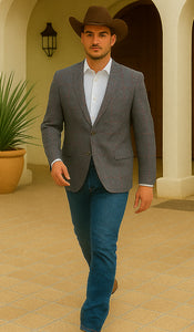 Saco vaquero - Western Sport Coat - Western Blazer- Men's Two Button Regular Fit Sport Coat In Charcoal Grey With Blue & Pink Windowpane Plaid