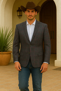 Saco vaquero - Western Sport Coat - Western Blazer- Men's Two Button Regular Fit Sport Coat In Charcoal Grey With Blue & Pink Windowpane Plaid