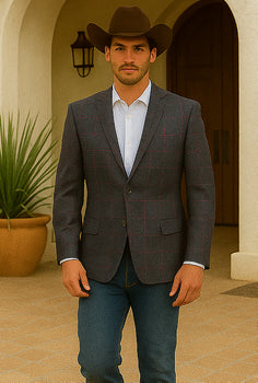 Saco vaquero - Western Sport Coat - Western Blazer- Men's Two Button Regular Fit Sport Coat In Charcoal Grey With Blue & Pink Windowpane Plaid