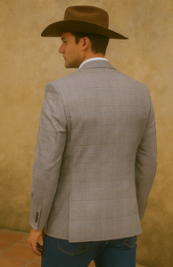 Saco vaquero - Western Sport Coat - Western Blazer- Men's Two Button Regular Fit Sport Coat In Grey & Bronze Windowpane Plaid