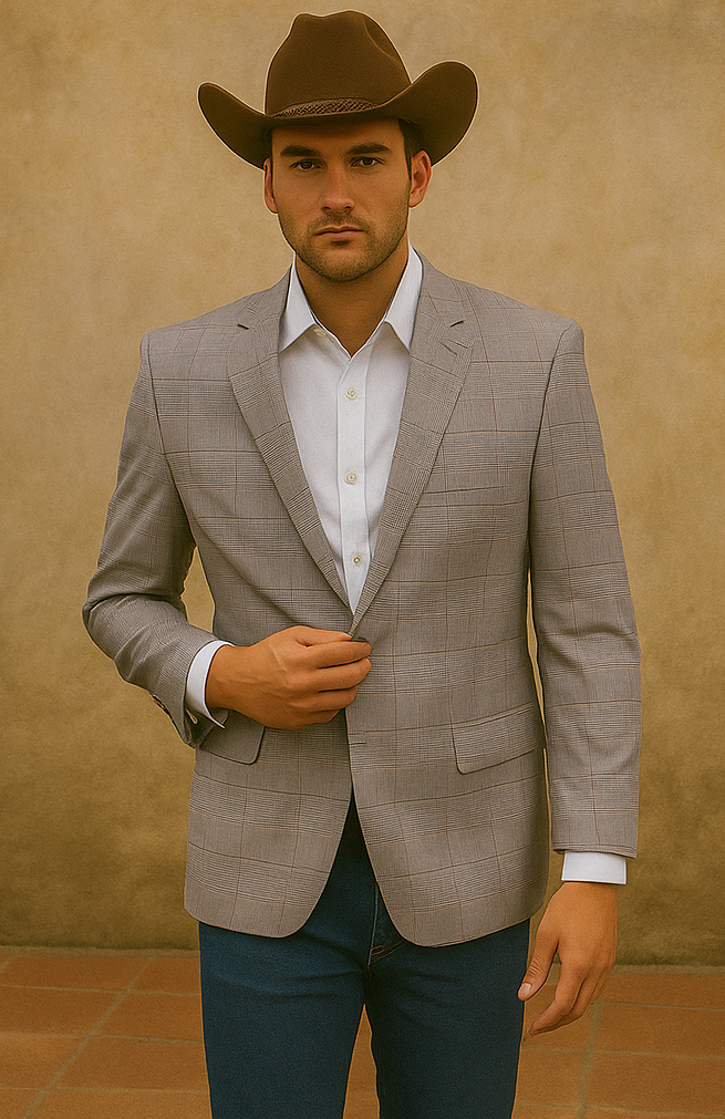 Saco vaquero - Western Sport Coat - Western Blazer- Men's Two Button Regular Fit Sport Coat In Grey & Bronze Windowpane Plaid