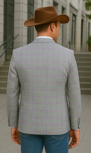 Saco vaquero - Western Sport Coat - Western Blazer - Men's Two Button Regular Fit Sport Coat In Light Grey With Blue & Pink Windowpane Plaid