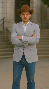 Saco vaquero - Western Sport Coat - Western Blazer - Men's Two Button Regular Fit Sport Coat In Light Grey With Blue & Pink Windowpane Plaid