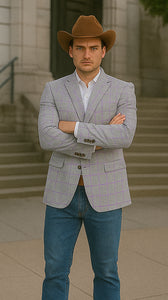 Saco vaquero - Western Sport Coat - Western Blazer - Men's Two Button Regular Fit Sport Coat In Light Grey With Blue & Pink Windowpane Plaid