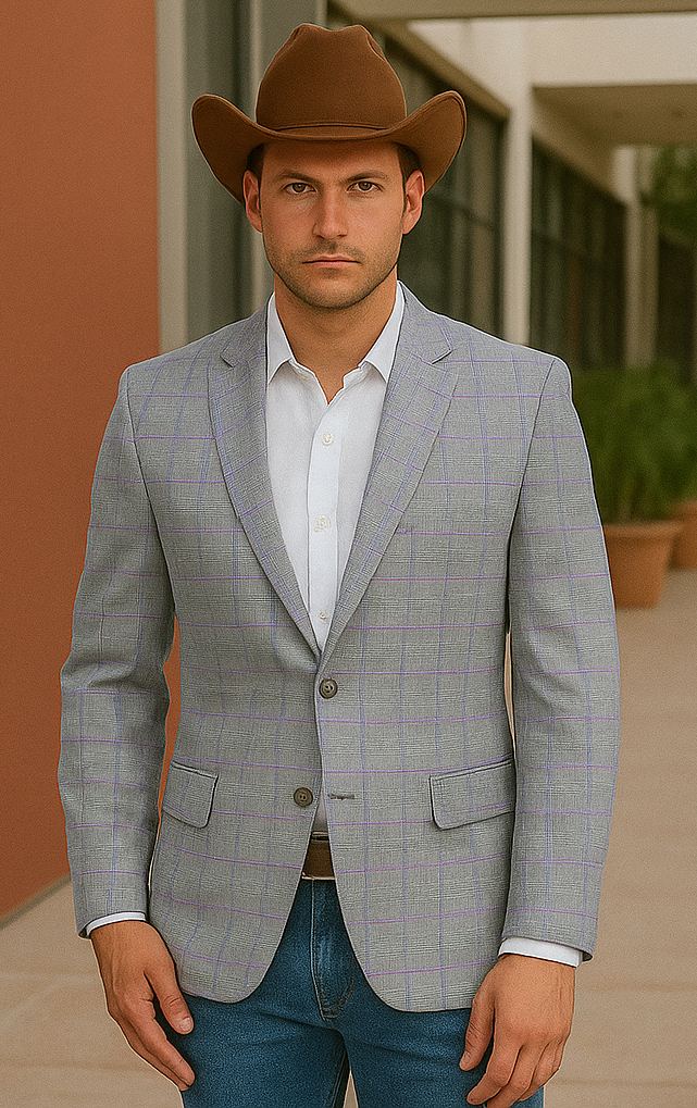 Saco vaquero - Western Sport Coat - Western Blazer - Men's Two Button Regular Fit Sport Coat In Light Grey With Blue & Pink Windowpane Plaid