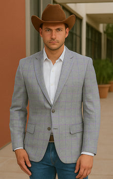 Saco vaquero - Western Sport Coat - Western Blazer - Men's Two Button Regular Fit Sport Coat In Light Grey With Blue & Pink Windowpane Plaid