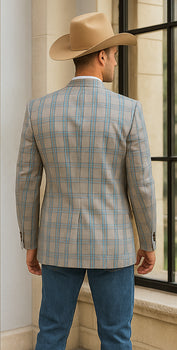 Saco vaquero - Western Sport Coat - Western Blazer- Men's Two Button Regular Fit Sport Coat In Tan, Blue, Gold Windowpane Plaid