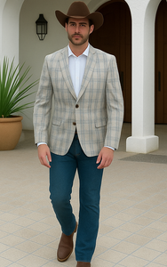 Saco vaquero - Western Sport Coat - Western Blazer- Men's Two Button Regular Fit Sport Coat In Tan, Blue, Gold Windowpane Plaid