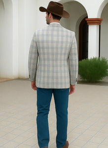 Saco vaquero - Western Sport Coat - Western Blazer- Men's Two Button Regular Fit Sport Coat In Tan, Blue, Gold Windowpane Plaid