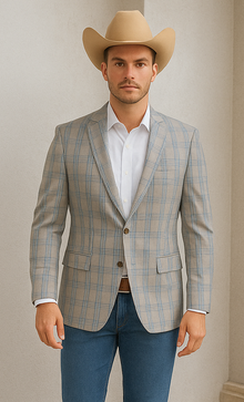 Saco vaquero - Western Sport Coat - Western Blazer- Men's Two Button Regular Fit Sport Coat In Tan, Blue, Gold Windowpane Plaid