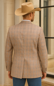 Saco vaquero - Western Sport Coat - Western Blazer- Men's Two Button Regular Fit Tan & Blue Double Windowpane Plaid Blazer