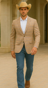 Saco vaquero - Western Sport Coat - Western Blazer- Men's Two Button Regular Fit Tan & Blue Double Windowpane Plaid Blazer