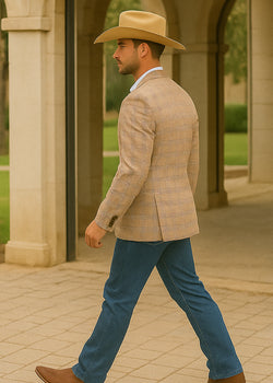 Saco vaquero - Western Sport Coat - Western Blazer- Men's Two Button Regular Fit Tan & Blue Double Windowpane Plaid Blazer