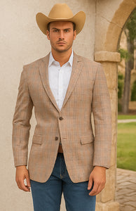 Saco vaquero - Western Sport Coat - Western Blazer- Men's Two Button Regular Fit Tan & Blue Double Windowpane Plaid Blazer