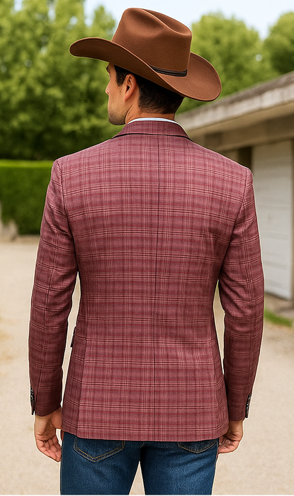 Saco vaquero - Western Sport Coat - Western Blazer  - Men's Two Button Regular Fit Windowpane Mauve Plaid Sport Coat Blazer