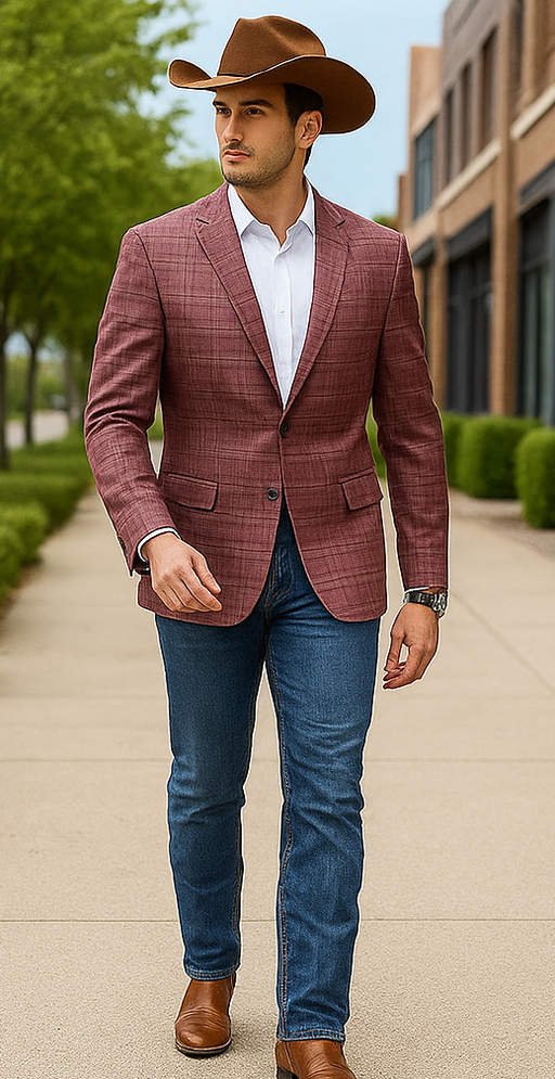 Saco vaquero - Western Sport Coat - Western Blazer  - Men's Two Button Regular Fit Windowpane Mauve Plaid Sport Coat Blazer
