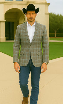 Saco vaquero - Western Sport Coat - Western Blazer- Men's Two Button Slim Fit Business Casual Sport Coat In Camel Glen Plaid