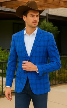 Saco vaquero - Western Sport Coat - Western Blazer - Men's Two Button Slim Fit Glen Plaid Sport Coat Blazer In Royal Blue