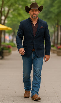 Saco vaquero - Western Sport Coat - Western Blazer - Mens Two Button Slim Fit Patch Pocket Blazer In Blue Grey Windowpane Plaid