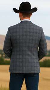 Saco vaquero - Western Sport Coat - Western Blazer - Mens Two Button Slim Fit Sport Coat Blazer In Charcoal Grey & Blue Windowpane Plaid