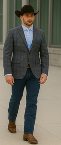 Saco vaquero - Western Sport Coat - Western Blazer - Mens Two Button Slim Fit Sport Coat Blazer In Charcoal Grey & Blue Windowpane Plaid