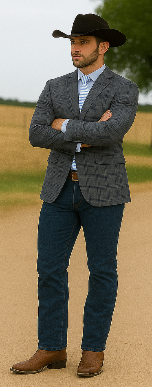 Saco vaquero - Western Sport Coat - Western Blazer - Mens Two Button Slim Fit Sport Coat Blazer In Charcoal Grey & Blue Windowpane Plaid