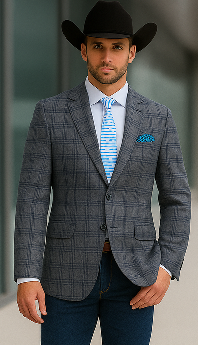 Saco vaquero - Western Sport Coat - Western Blazer - Mens Two Button Slim Fit Sport Coat Blazer In Charcoal Grey & Blue Windowpane Plaid