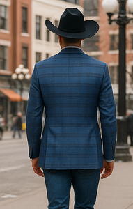 Saco vaquero - Western Sport Coat - Western Blazer- Mens Two Button Slim Fit Sport Coat Blazer In Medium Indigo Blue Windowpane Plaid