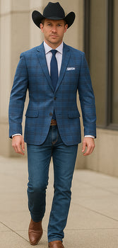 Saco vaquero - Western Sport Coat - Western Blazer- Mens Two Button Slim Fit Sport Coat Blazer In Medium Indigo Blue Windowpane Plaid