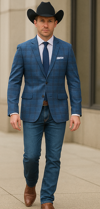 Saco vaquero - Western Sport Coat - Western Blazer- Mens Two Button Slim Fit Sport Coat Blazer In Medium Indigo Blue Windowpane Plaid