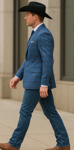 Saco vaquero - Western Sport Coat - Western Blazer- Mens Two Button Slim Fit Sport Coat Blazer In Medium Indigo Blue Windowpane Plaid