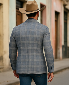 Saco vaquero - Western Sport Coat - Western Blazer - Mens Two Button Slim Fit Unconstructed Summer Blazer In Grey & Blue Windowpane Plaid