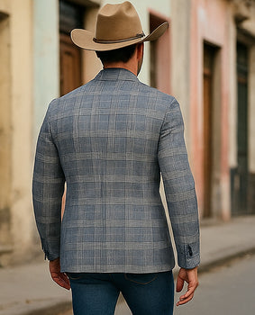 Saco vaquero - Western Sport Coat - Western Blazer - Mens Two Button Slim Fit Unconstructed Summer Blazer In Grey & Blue Windowpane Plaid