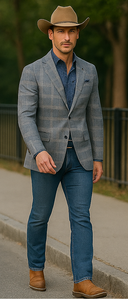 Saco vaquero - Western Sport Coat - Western Blazer - Mens Two Button Slim Fit Unconstructed Summer Blazer In Grey & Blue Windowpane Plaid