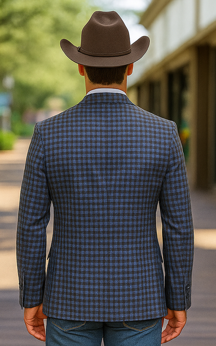 Saco vaquero - Western Sport Coat - Western Blazer - Mens Two Button Slim Fit Wool Sport Coat Blazer In Navy Blue & Burgundy Mini Check