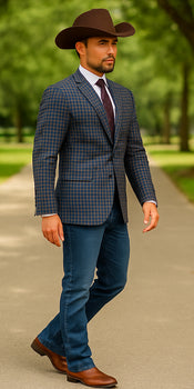 Saco vaquero - Western Sport Coat - Western Blazer - Mens Two Button Slim Fit Wool Sport Coat Blazer In Navy Blue & Burgundy Mini Check