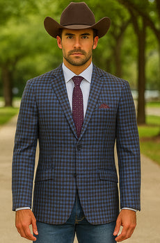 Saco vaquero - Western Sport Coat - Western Blazer - Mens Two Button Slim Fit Wool Sport Coat Blazer In Navy Blue & Burgundy Mini Check