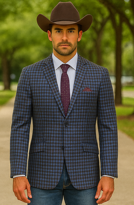 Saco vaquero - Western Sport Coat - Western Blazer - Mens Two Button Slim Fit Wool Sport Coat Blazer In Navy Blue & Burgundy Mini Check