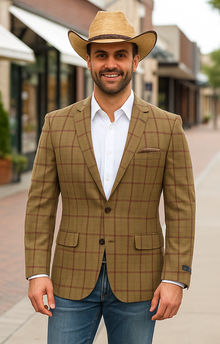 Saco vaquero - Western Sport Coat - Western Blazer- Men's Two Button Windowpane Plaid Bronze Sport Coat