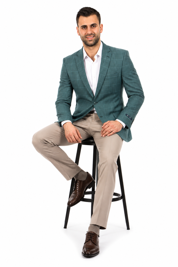 Saco vaquero - Western Sport Coat - Western Blazer - Men's Two Button Windowpane Plaid Green Sport Coat