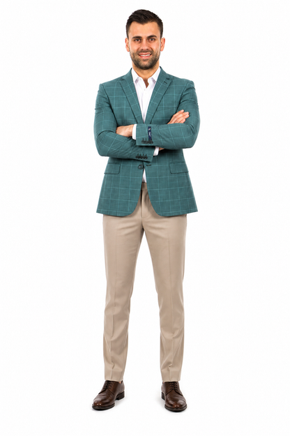 Saco vaquero - Western Sport Coat - Western Blazer - Men's Two Button Windowpane Plaid Green Sport Coat
