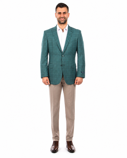 Saco vaquero - Western Sport Coat - Western Blazer - Men's Two Button Windowpane Plaid Green Sport Coat